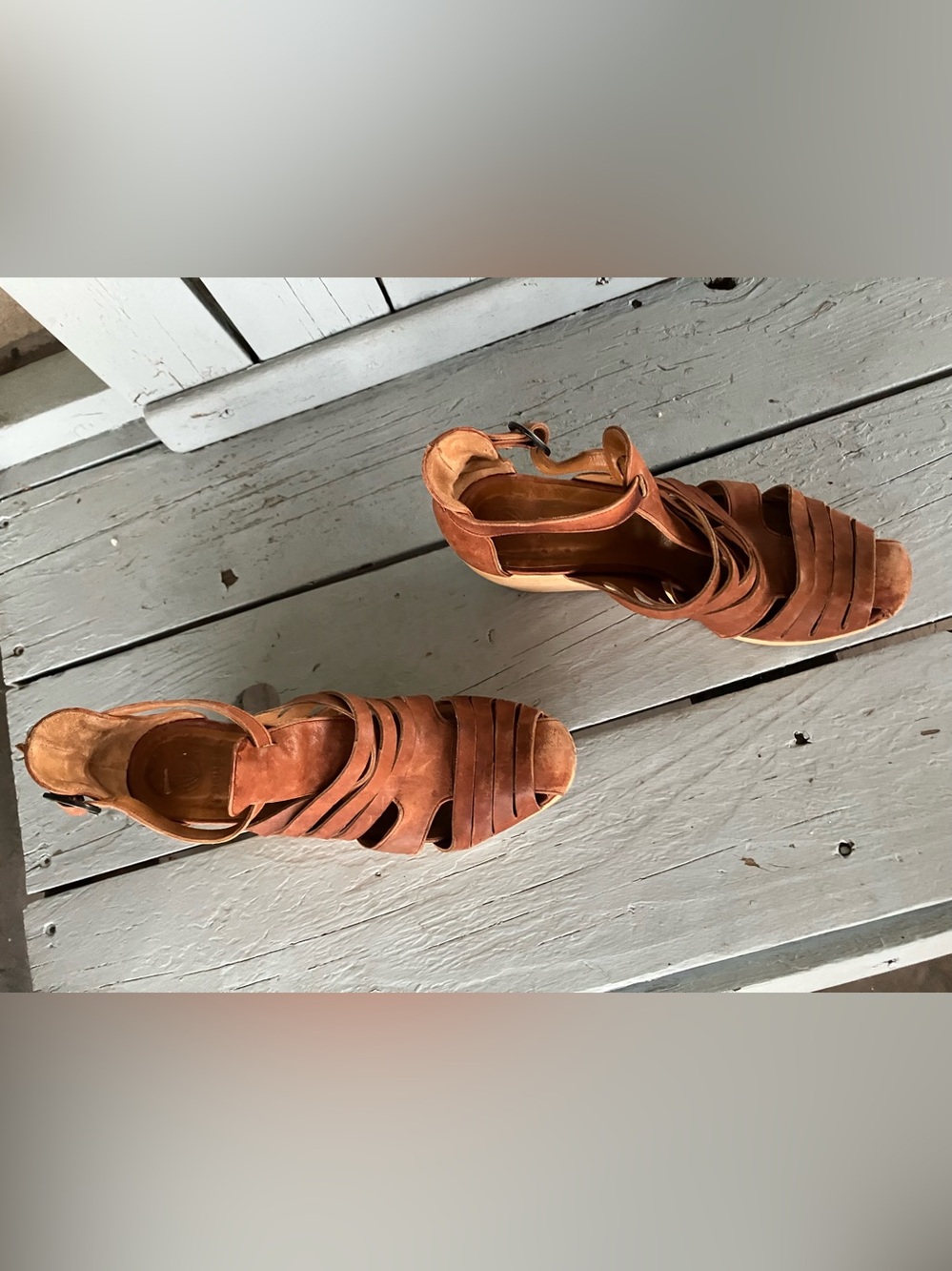 COCLICO Soft Brown Leather Strappy Wedge Sandals Wood Clog - Picture 11 of 15